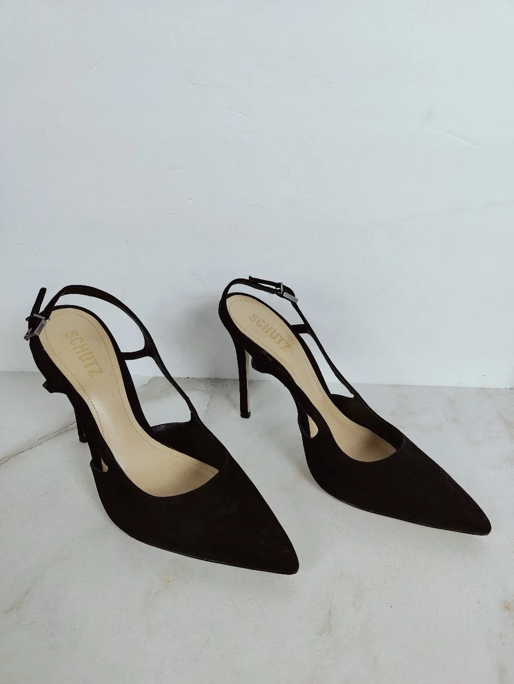 Schutz Boris Black Suede Slingback Pointed Toe Stiletto Pumps Heels, Sz 8